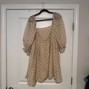 Beige Polka Dot Puff Sleeve Dress